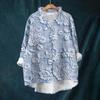 Women's Loose Ruffled Floral Print Stand Collar Long Sleeve Cotton And Linen Top