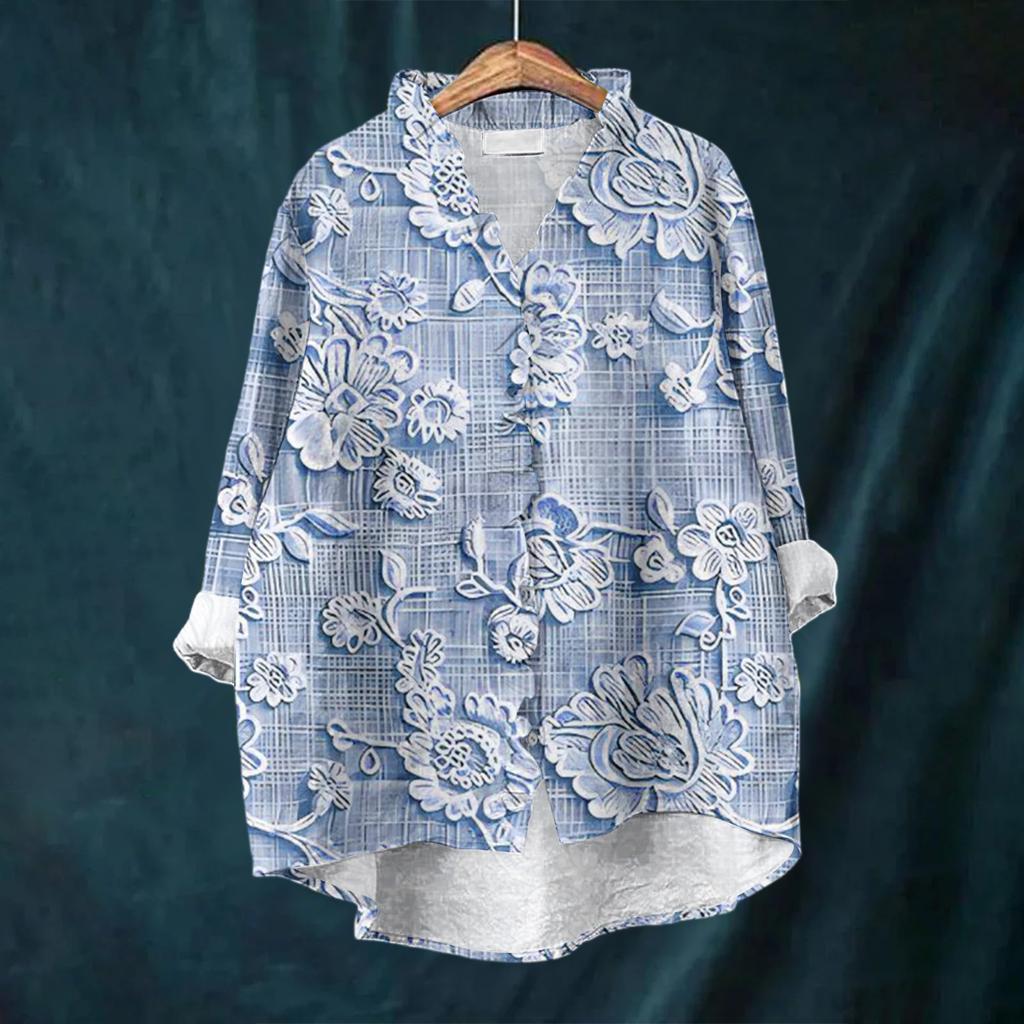 Women's Loose Ruffled Floral Print Stand Collar Long Sleeve Cotton And Linen Top