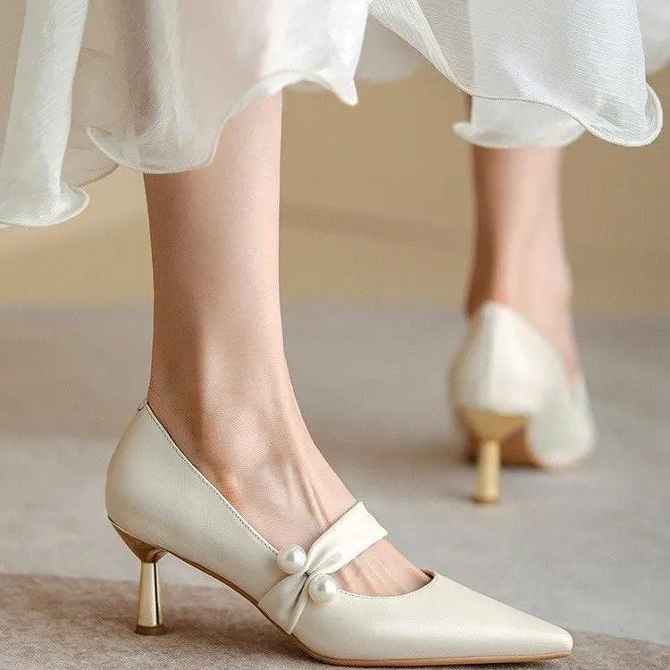 Women's Pearl Decorated Pointed Toe Low Heel Single Shoes In Beige Color Retro Mary Jane Style with Slip-On Convenience