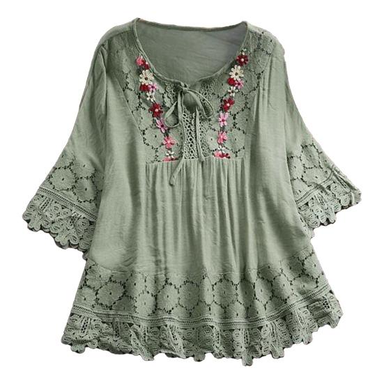 Damen Shirt V-Ausschnitt Schnürung Halber Ärmel Pullover Tops Einfarbig Lockere Passform Stickerei Spitze Blume Spleißen Shirt