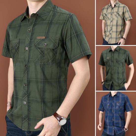 Men Shirt Plaid Pockets Summer Single Breasted Turn-down Collar Shirt for Office