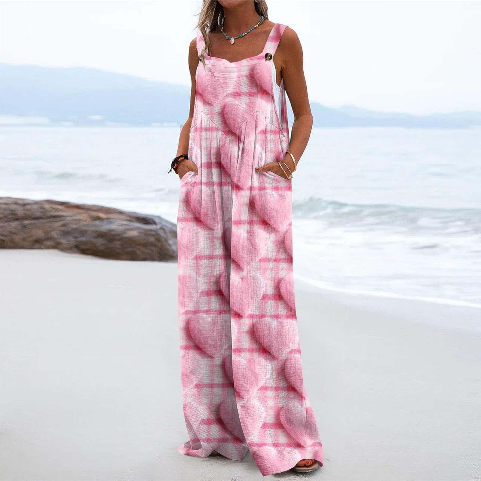 

Широкий комбинезон для женщин, повседневный свободный комбинезон без рукавов с принтом и пуговицами, длинные брюки, комбинезон с карманами L розовый