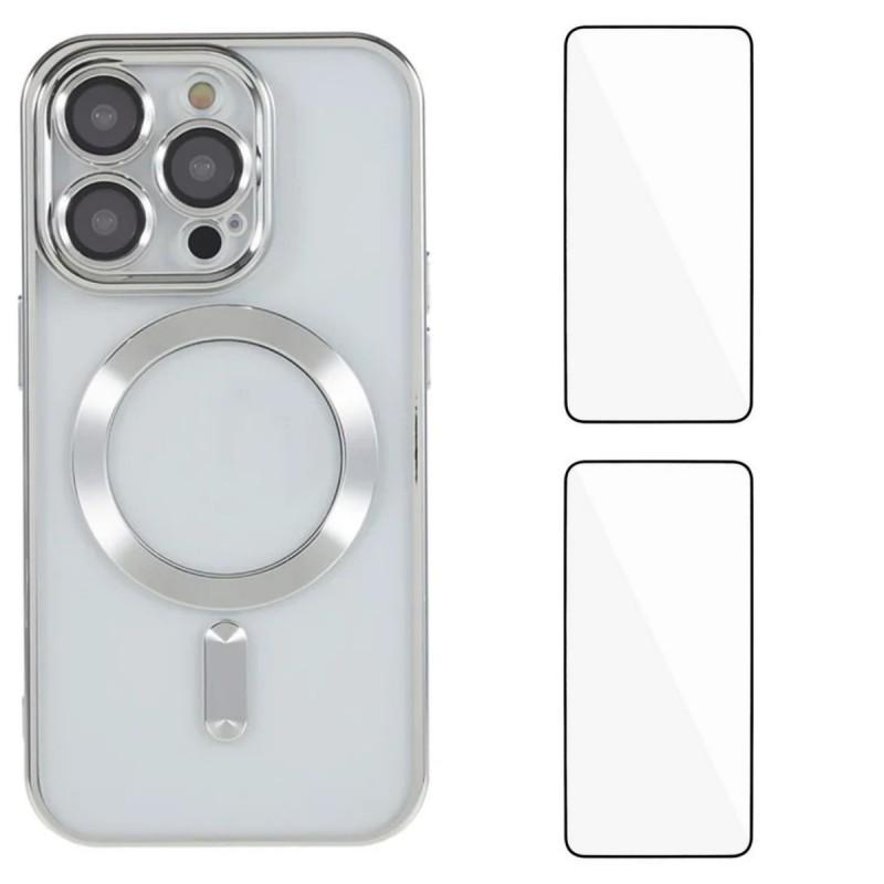 For iPhone 15 Pro Max Magnetic Case WANLONFENG Electroplated TPU Cover with Lens Film+2Pcs Tempered Glass