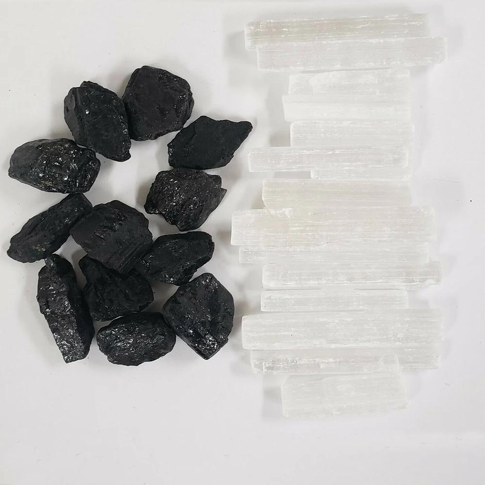 Natural Black Tourmaline and Selenite Sticks Combo Pack Bulk Rough Raw Stones Mineral Reiki Healing Crystals 1pack 300g