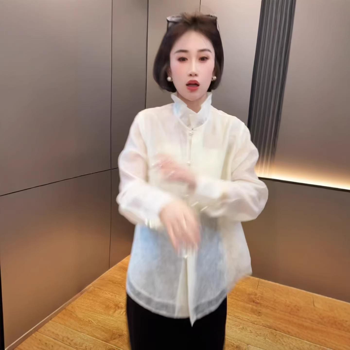 

French Jacquard Stand Collar Lace Shirt - Women s Spring Long Sleeve Versatile Top S (suggested weight 80-100 jin) білий