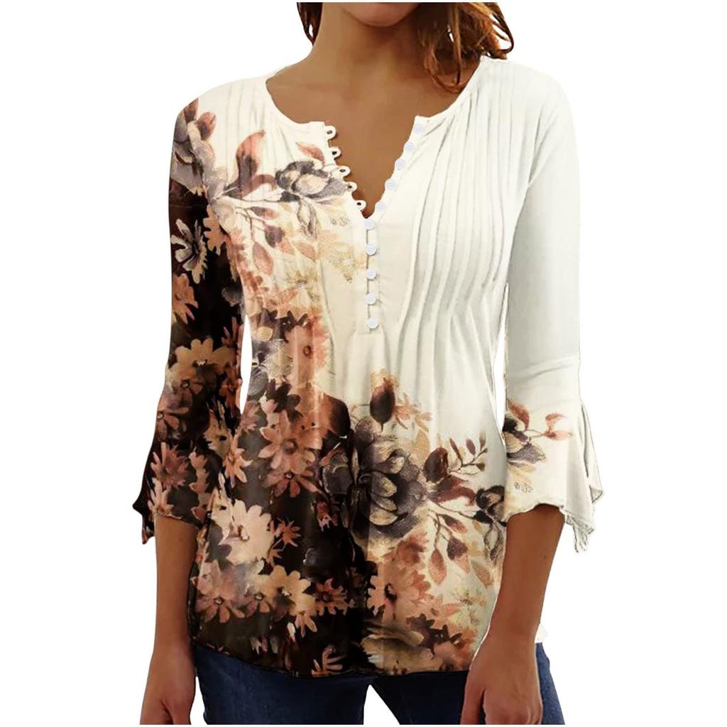 Ladies Top Floral Print V-Neck Short Sleeve Button T-Shirt
