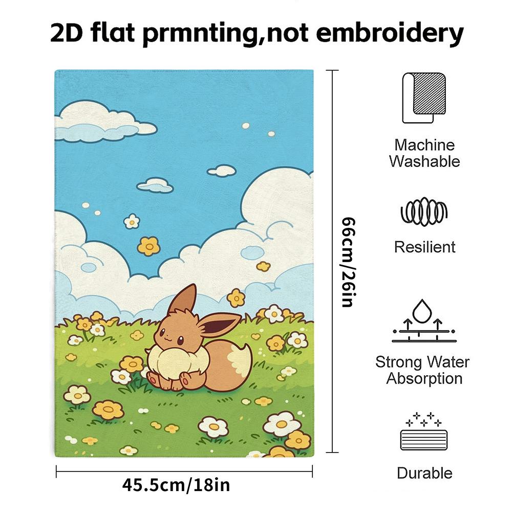 Cute Eevee Bath Towel, Soft Absorbent Quick Dry Shower Towel, Blue Sky Flower Field Cartoon Eevee Print Towel