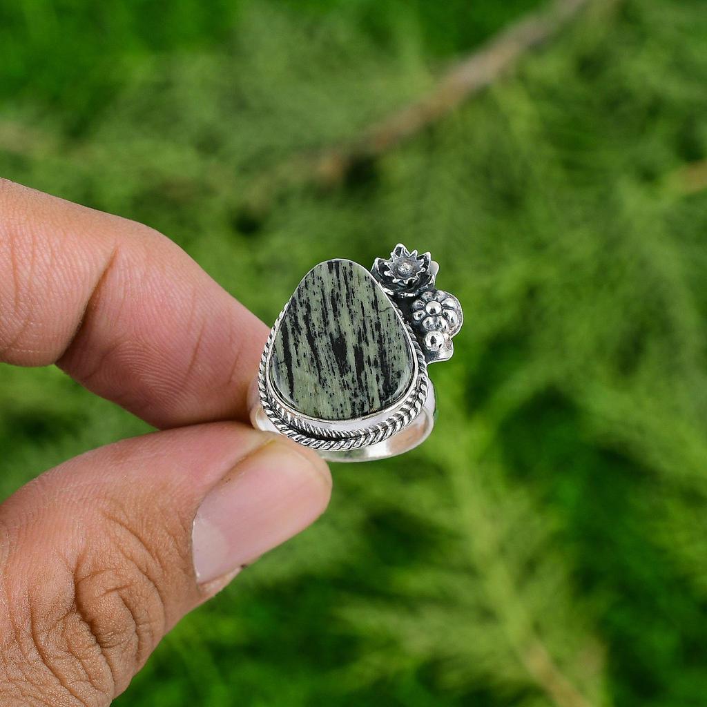 Natural Silver Leaf Jasper Solitaire Flower Adjustable Ring 925 Silver For Women