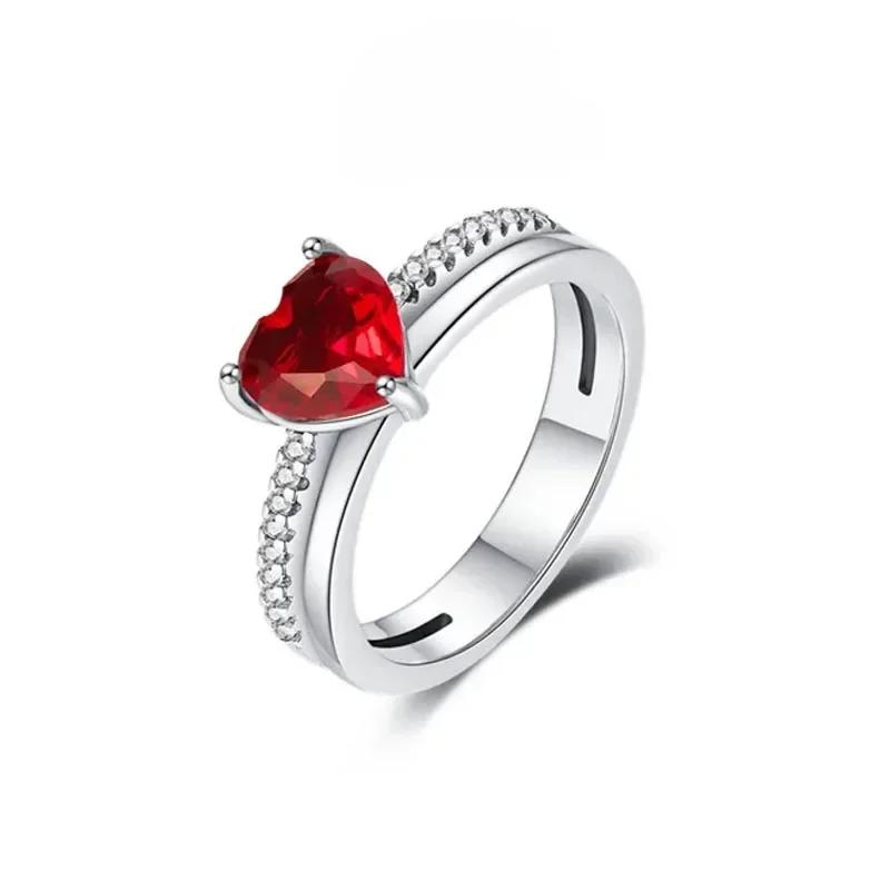 Classic Shiny Red Jewelry 925 Silver Exquisite Heart-shaped Bowknot Ring Necklace Bracelet Women's Jewelry Party Gifts