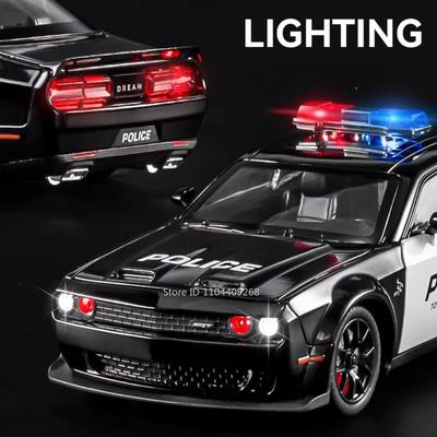 1:Maßstab 24 Challenger SRT Hellcat Polizeiauto Charger 1970 Modell Spielzeug Rückzugsantrieb Licht Musik Miniaturfahrzeug für Kinder Sammlung