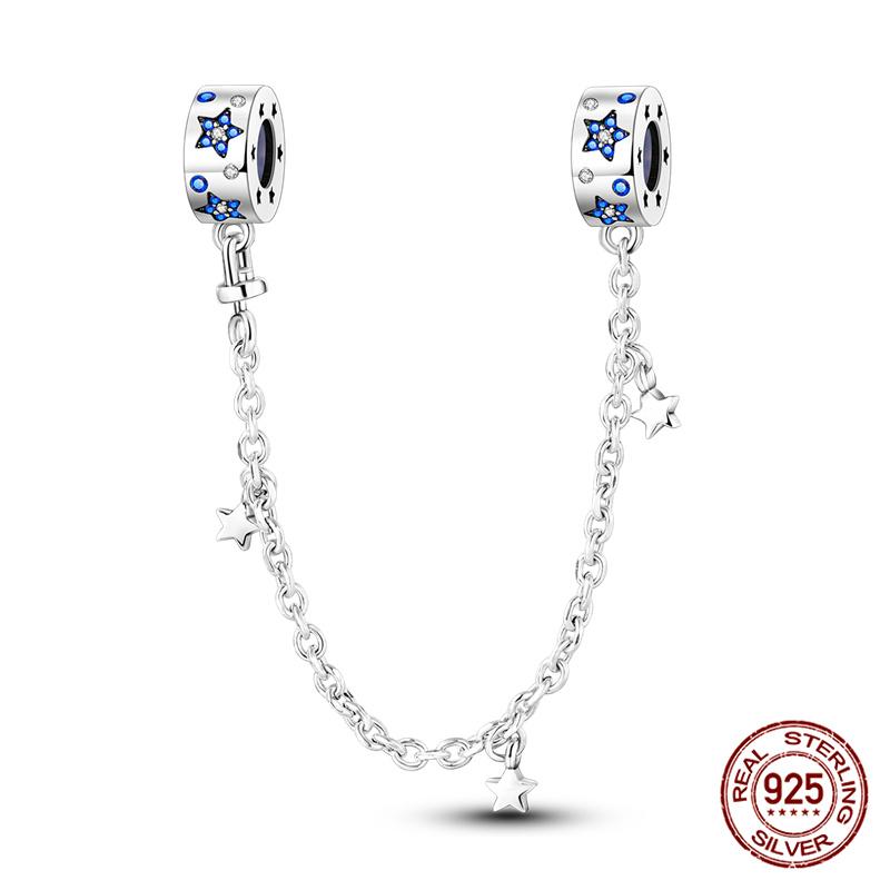 Original 100% 925 Silver Star Moon Safety Chain Fit 925 Original Bracelet & 3mm Bracelet DIY Jewelry Making Women Gift