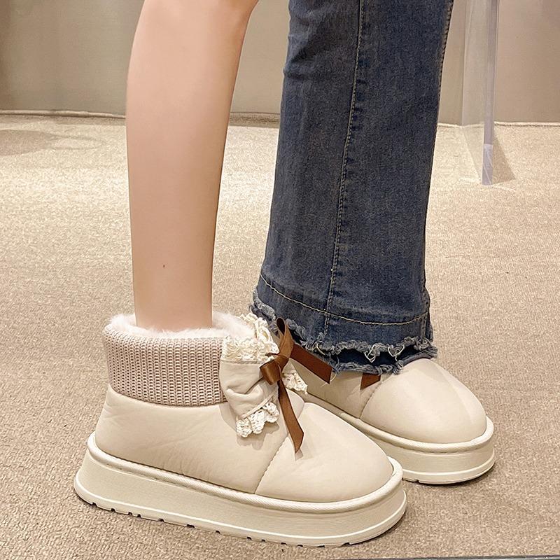 thick-soled snow boots women's new winter waterproof and non-slip piled thickened bow heightening outer wear cotton shoes