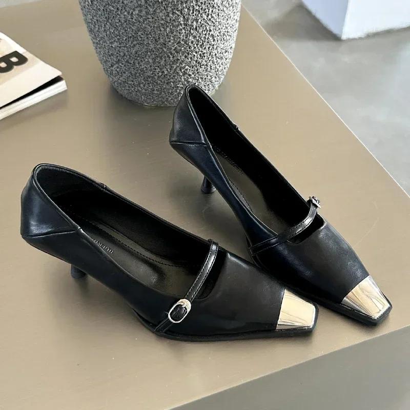 Fashion New Designer Women Pumps Metal Square Toe Sexy Thin High Heels Fashion Belt Buckle Elegant Office Shoes for Women Mary Jane Shoe