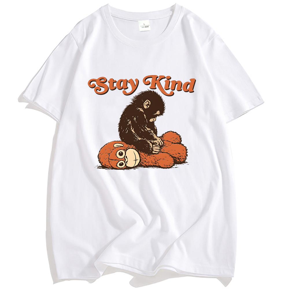 

Stay Kind Punch Monkey T-shirt Summer Short Sleeve Loose Tshirts Cartoon Fashion Casual Unisex Tees Print Clothing XXL білий