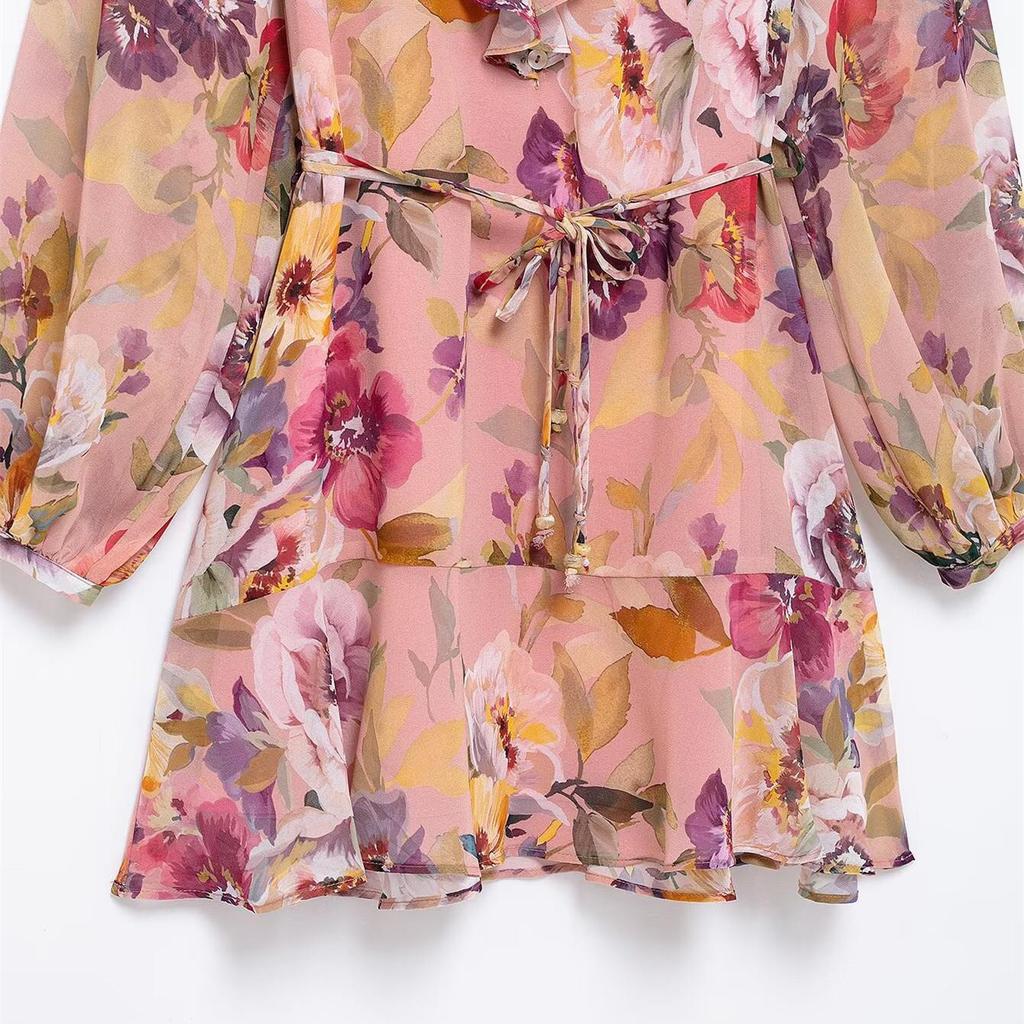 2025 Women's Floral Print V-Neck Ruffle Layered Long-Sleeve Dress