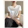 Top Corto da Donna in Seta Raso Primavera Estate, T-shirt Elegante Semplice a Manica Corta con Colletto alla Francese, Blusa Casual Taglie Forti