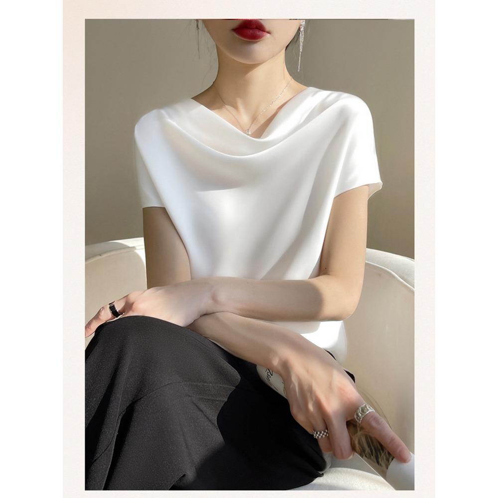 Top Corto da Donna in Seta Raso Primavera Estate, T-shirt Elegante Semplice a Manica Corta con Colletto alla Francese, Blusa Casual Taglie Forti