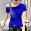 Summer Fashion European Female Clothes T-Shirt Sexy Off Shoulder Shiny Diamonds Mesh Women Tops All Match Tees Blouse