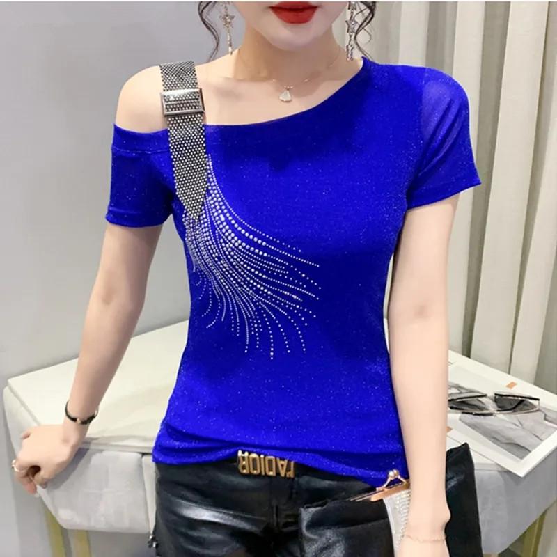 Summer Fashion European Female Clothes T-Shirt Sexy Off Shoulder Shiny Diamonds Mesh Women Tops All Match Tees Blouse