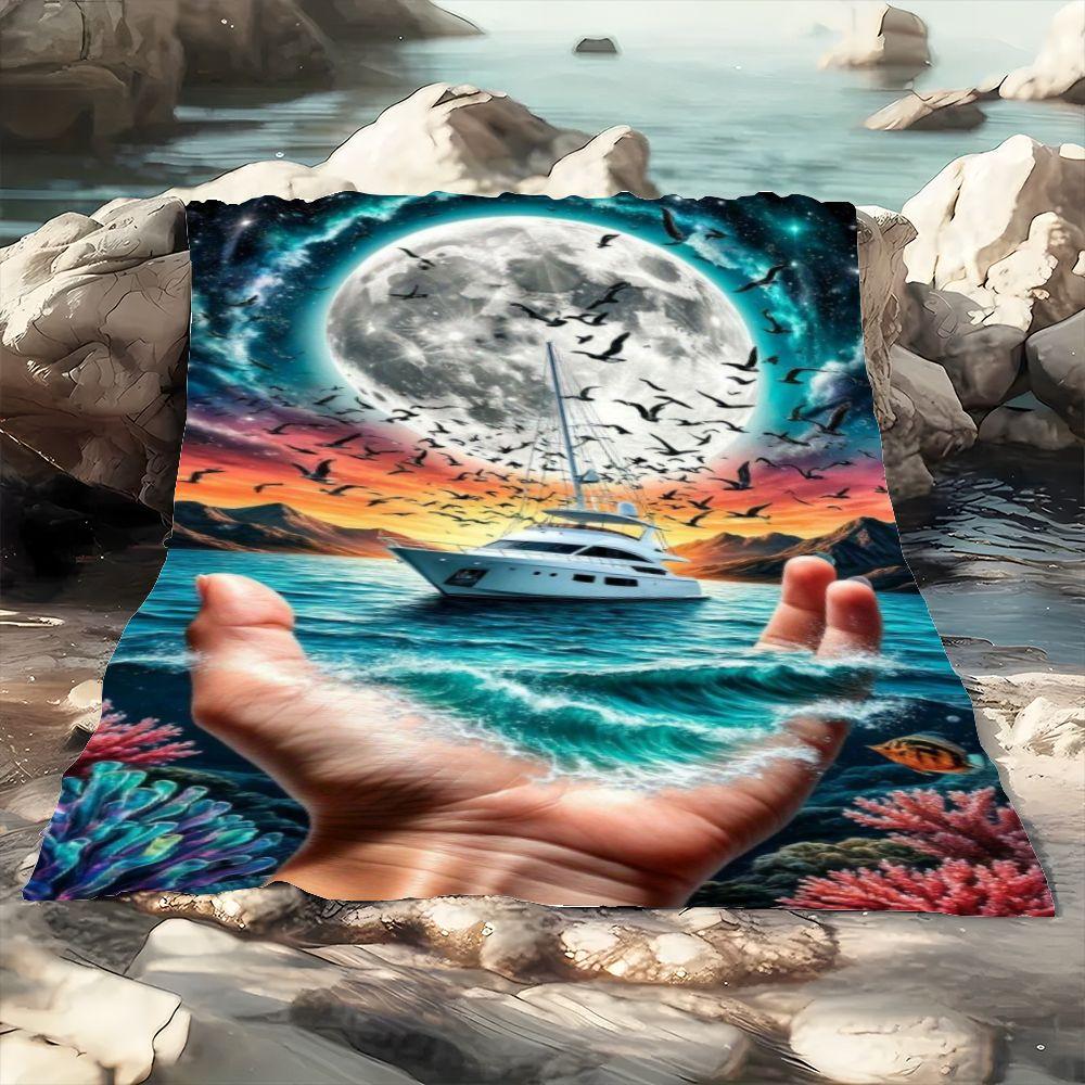 Surreal Landscape Art Throw Blanket - Vibrant Giant Hand Cupping Turquoise Ocean Waves with Sailboat & Full Moon Design, Soft Co
