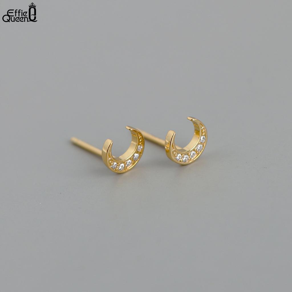 Effie Queen S925 Silver 14k Gold Moon & Star Zirconia Stud Earrings Fashion Jewelry for Women Banquet Party Ear Accessory APE29