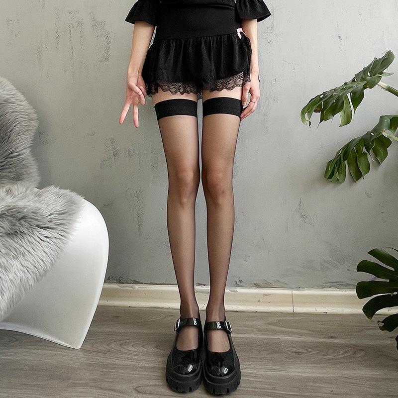 Black Lace Bow Garter Stockings - Over-the-Knee Fishnet for Women