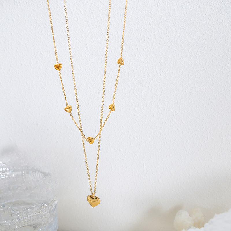French Fashion Versatile Double-Layer Peach Heart Pendant Necklace Titanium Steel 18K Gold Retro Temperament Collarbone Chain Jewelry