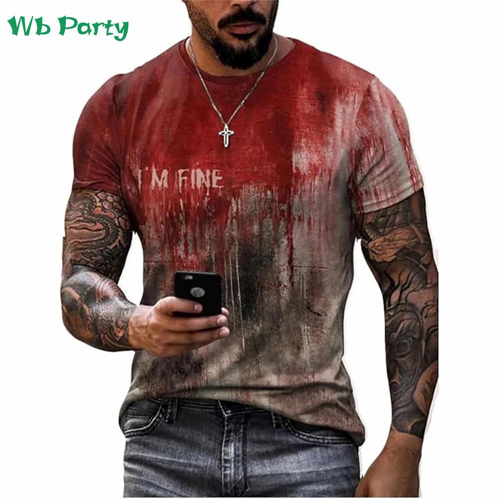 Problem Solved Bloody Print Men's Clothing Fashion T-shirts for Men Horrible Halloween Short Sleeve Tops O-Neck 3D Mens T Shirt
