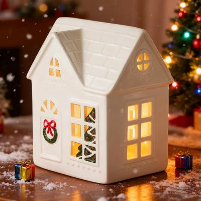 Christmas Village House Figurine LED Lighted White Small House Tabletop Decoration Winter Rustic Farmhouse Holiday Decor for Mantel Tabletop Room