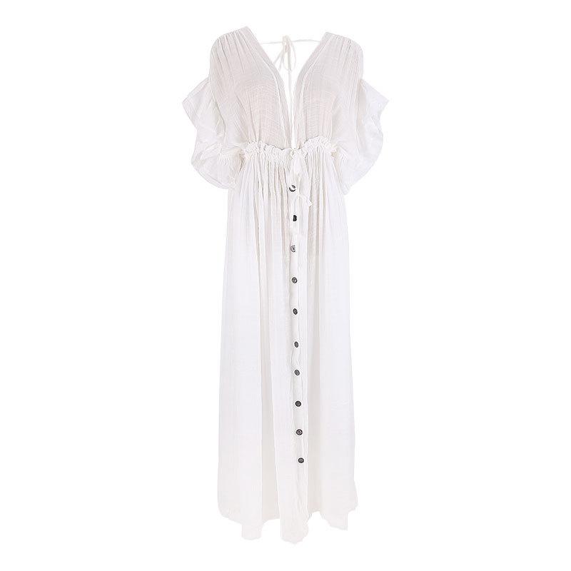 New Bamboo Cloth Button Waist Rope Long Skirt Cardigan Vacation Beach Jacket Sunscreen Clothes Long Skirt Bikini Blouse Women