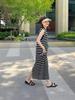 Women's Sleeveless Striped Knit Dress - Loose Long Slit Style, Round Neck, Slimming and Versatile, 2026 Summer New Arrival.