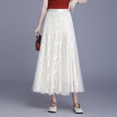 A-line Midi Skirt: High Waist Mesh Lace Patchwork for Women - Spring/Summer 2026