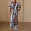 Retro Ethnic Printing Maxi Dress Summer Women Loose V Neck Short Sleeves Pullover Ankle Length Casual Daily Wear