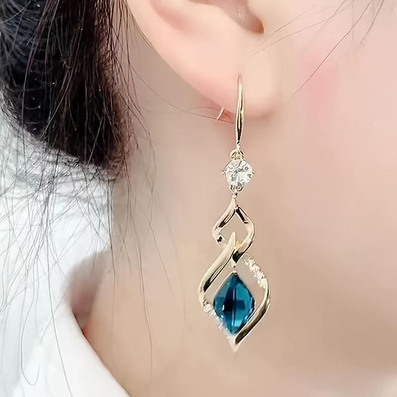1pair Long Rhombus Blue Glass Earrings, Trendy Fashion Temperament Celebrity High-end Earrings