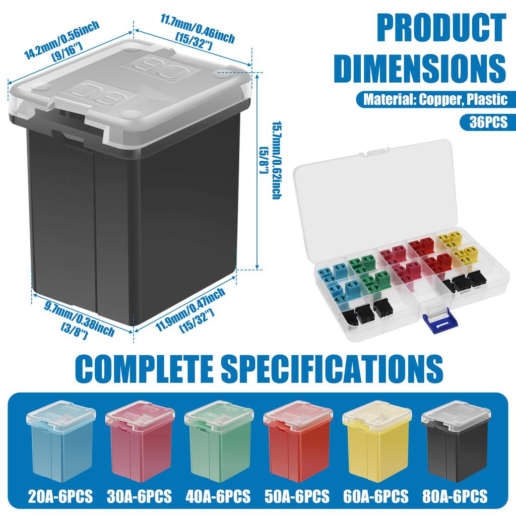 36 ks Jcase pojistek Autokomplet Vysoké/Standardní a Nízkoprofilové Pojistky ve tvaru krabičky Jcase Assortment Kit 20A 30A 40A 50A 60A 80A