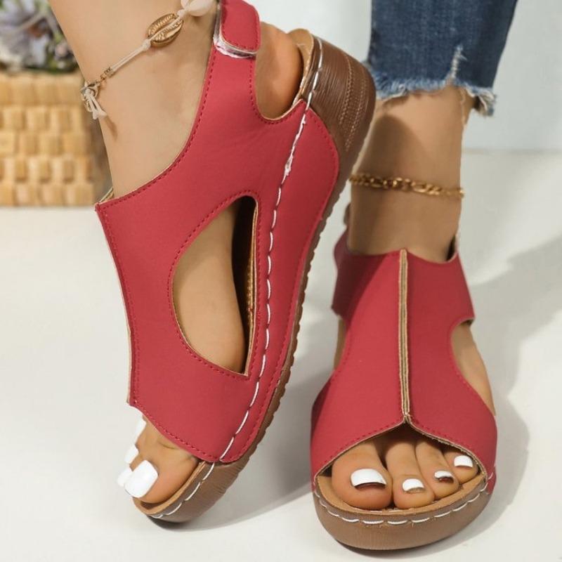 New Large-sized Shoes Velcro Wedge Heels Breathable and Carved Beach Sandals