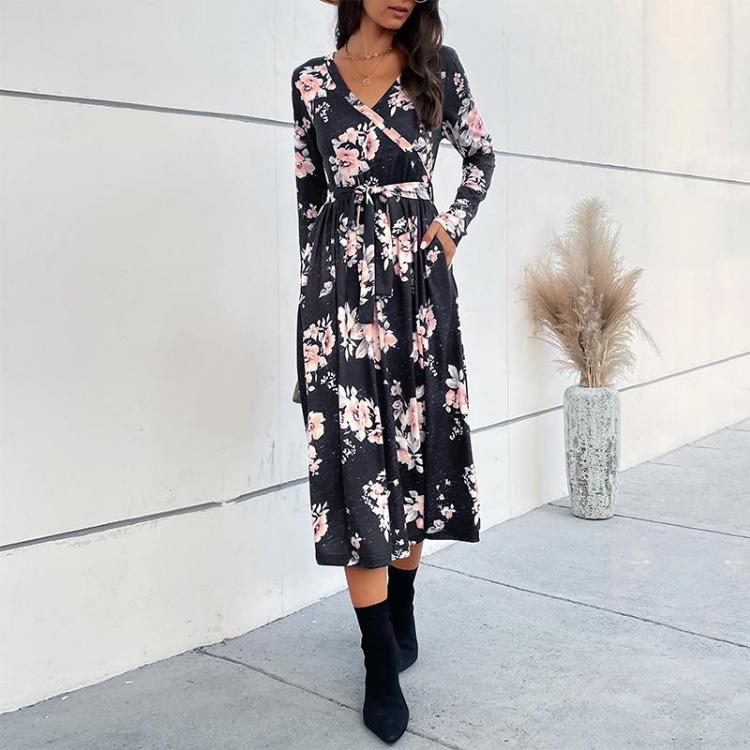 Women Elegant High Waist V-neck Chiffon Dress Long Sleeve A-Line Mid-Length Print Autumn Winter Fashion