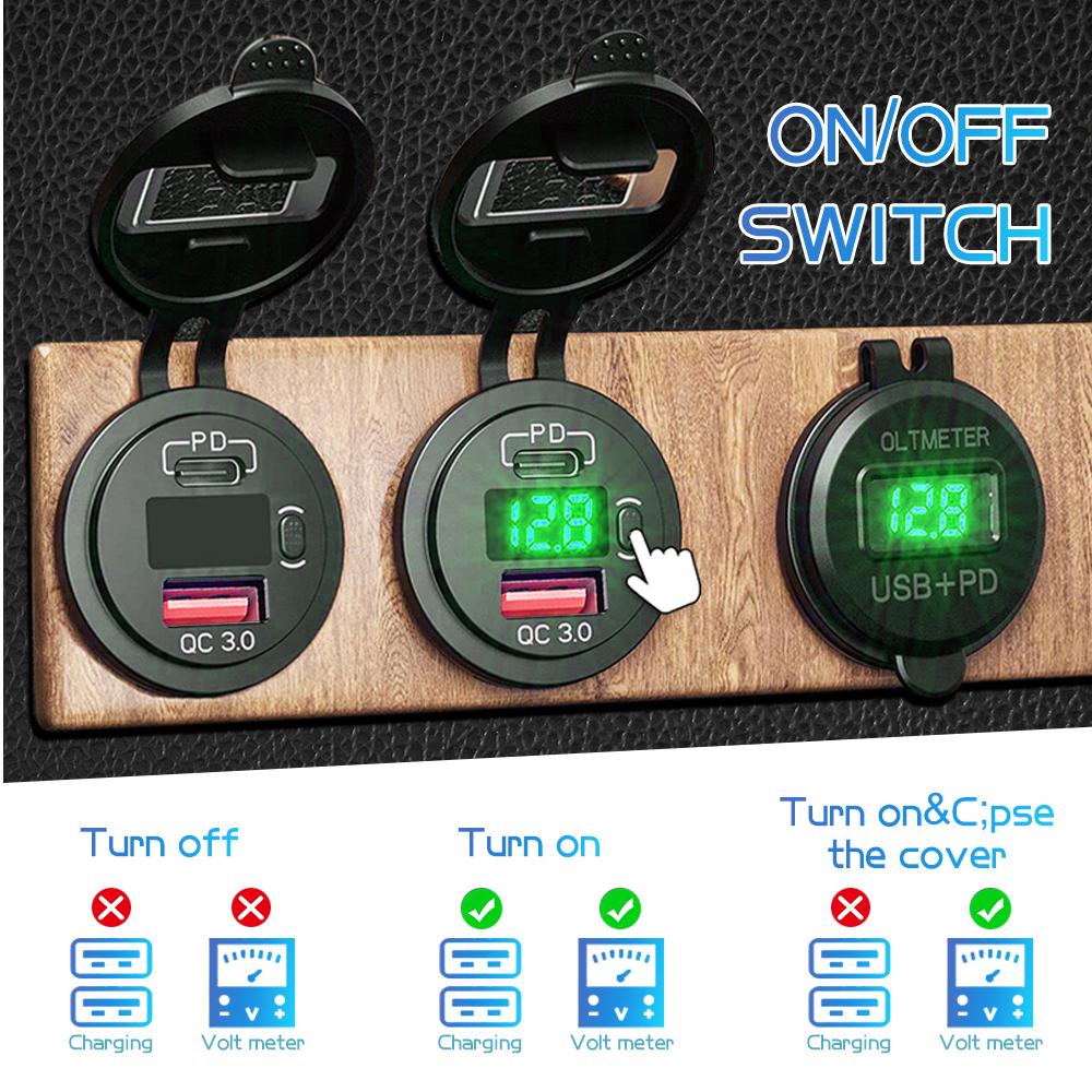12V/24V Car Charger Socket with ON/Off Switch Voltage Display  45W PD USB QC 3.0 Fast Charger for Car Truck Boat RV Motorcycle