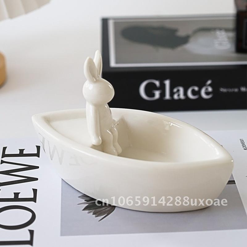 Creative Boat-shaped Ceramic Cartoon Rabbit Candle Holder Aromatherapy Powder Decorative Simple Bunny Ornaments