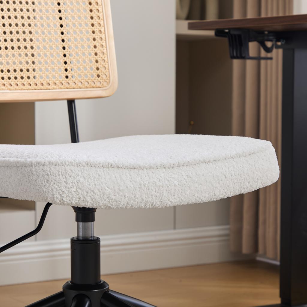 Vintage Rattan Office Chair with Wheels - Adjustable Swivel Desk Chair with Chenille Fabric Seat & Wooden Frame for Home Office, Living Room (Ivory)