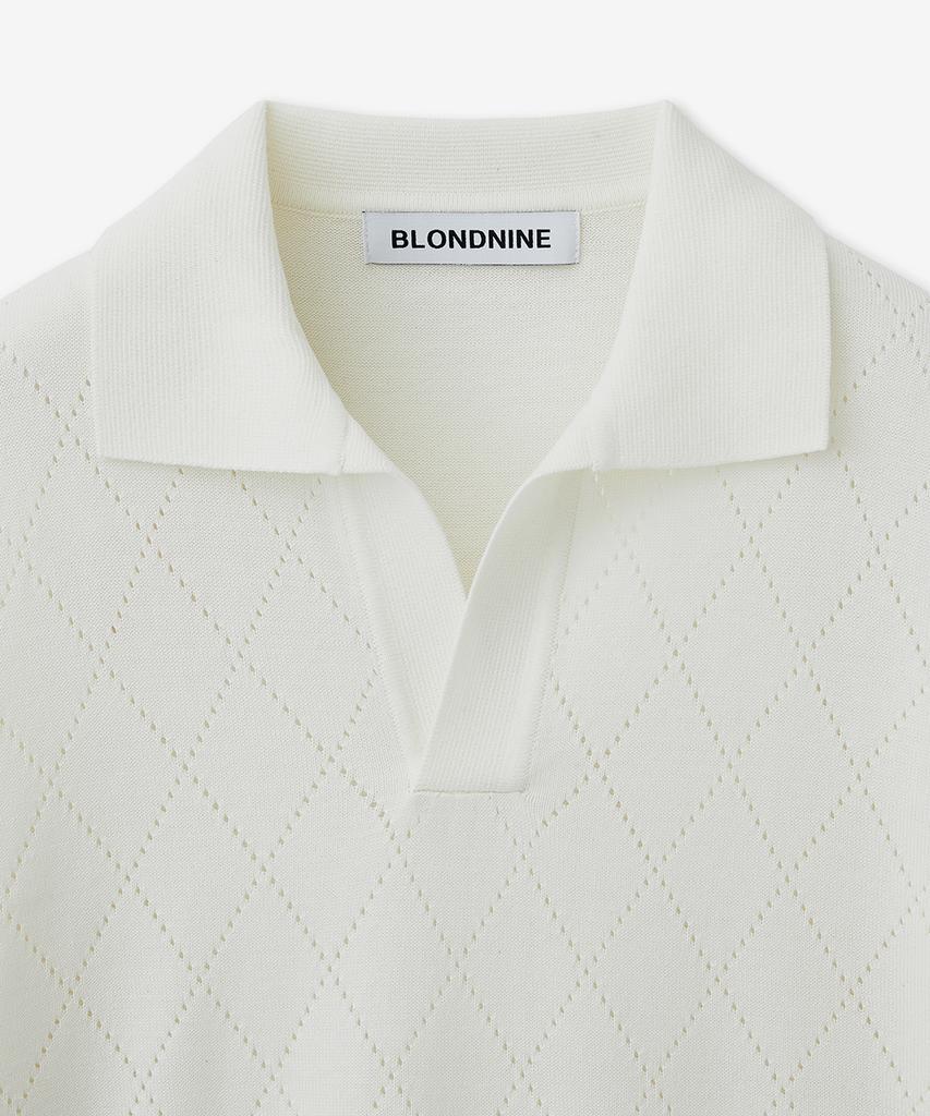 BLOND9 Cotton Diamond Open Collar Short Sleeve Knit_Ivory