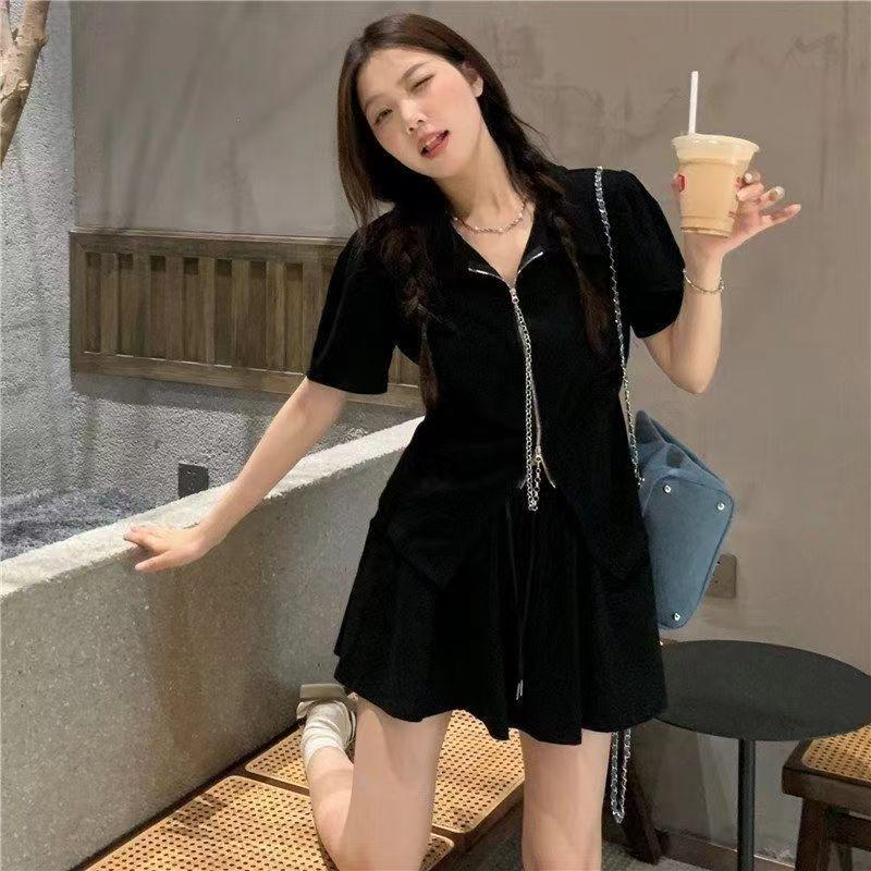 

Trendy Chain Zipper Top & Shorts Set for Plus Size Girls - Summer Casual Petite Two-Piece Outfit Small чёрный