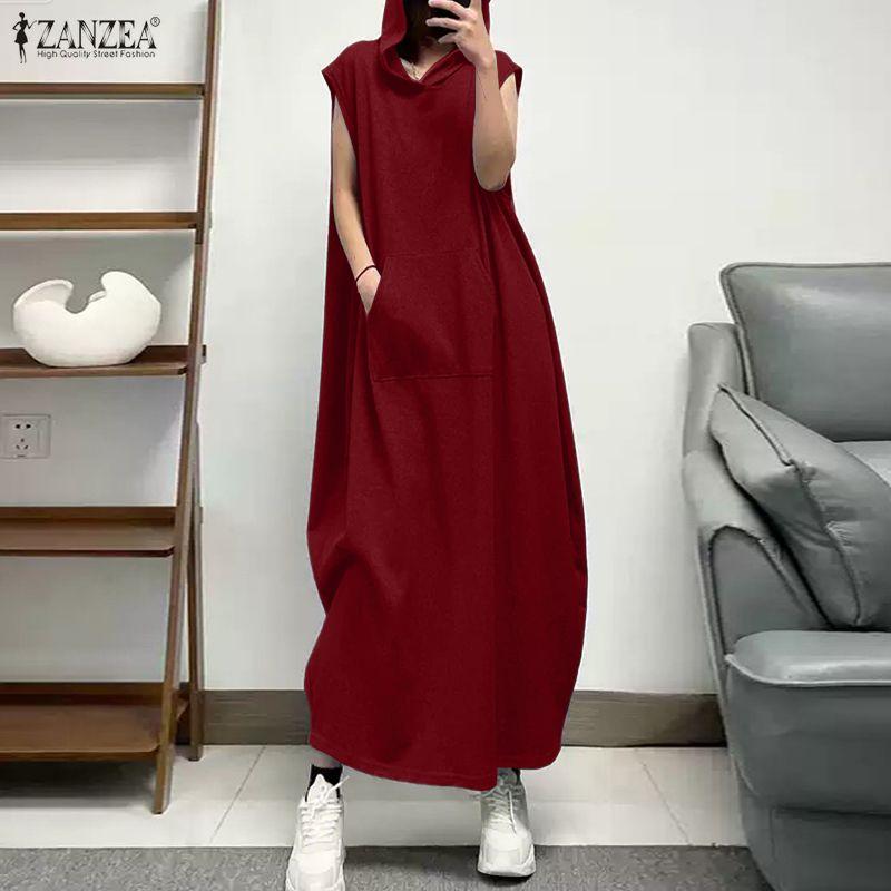 ZANZEA Women Summer Casual Short Sleeve Hoodies Long Dress
