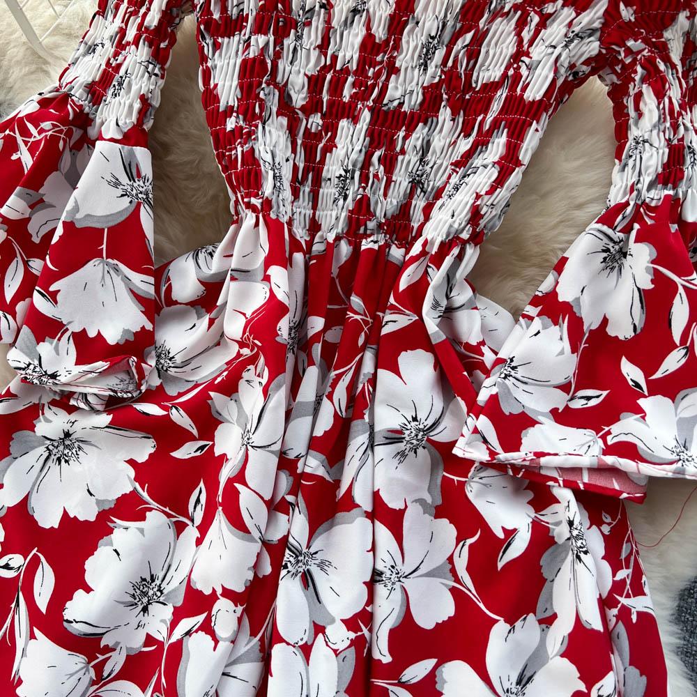 Floral Print Strapless Dress Women French Slash Neck Flare Sleeve Elastic Waist Lady Vacation Fashion Slm A Line Dress