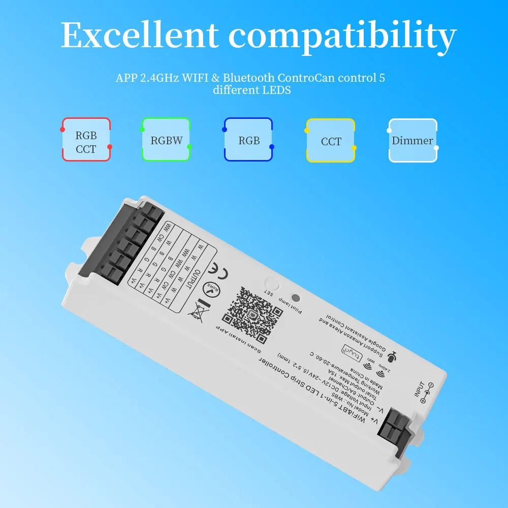 WB5 WiFi 5-in-1 LED-Controller Tuya APP Alexa Google Home Sprachsteuerung RGB RGBW CCT LED-Streifen Dimmer Bluetooth APP RF-Fernbedienung