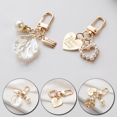 1pc metal pingente chaveiro escudo coração chaveiro pérola pingente chaveiro bonito moda