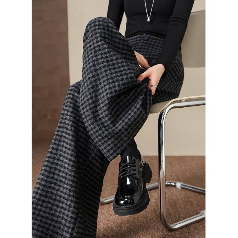 Demana Women's Warm High-Waist Pleated Plaid Wide-Leg Trousers