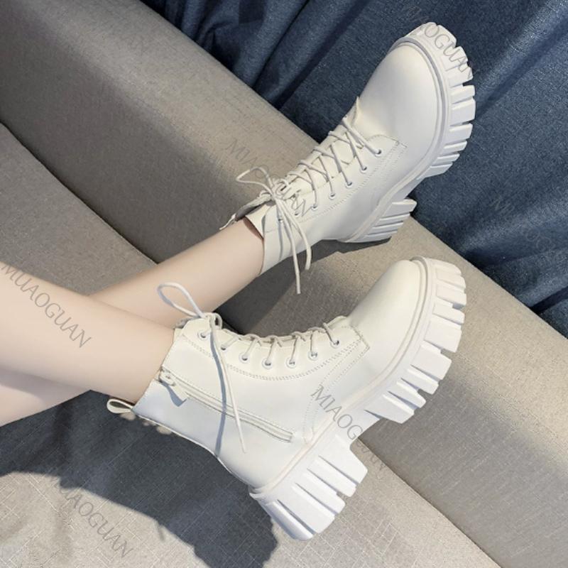 Women Autumn Winter Soft Leather Ankle Boots Platform Lace Up Chelsea Short Boots Thick Heel Black White