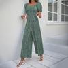 Women's Square Neck Jumpsuit Floral Puff Short Sleeve Wide Leg Pants Romper Summer Casual