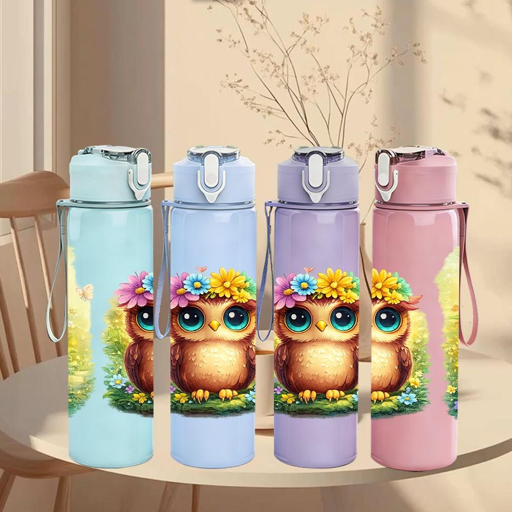1PC Owl Bird Tropical Frame Print 750ml Color Plastic Sports Water Bottle Leakproof Flip Straw Lid Suitable for Sports Office Home Use